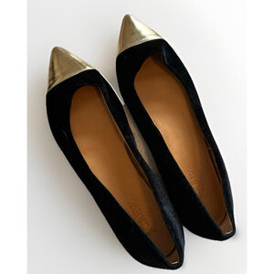 J. Crew Amelia black velvet flat Shoe w/gold cap toe Size 7.5 Dress Ballet Flats